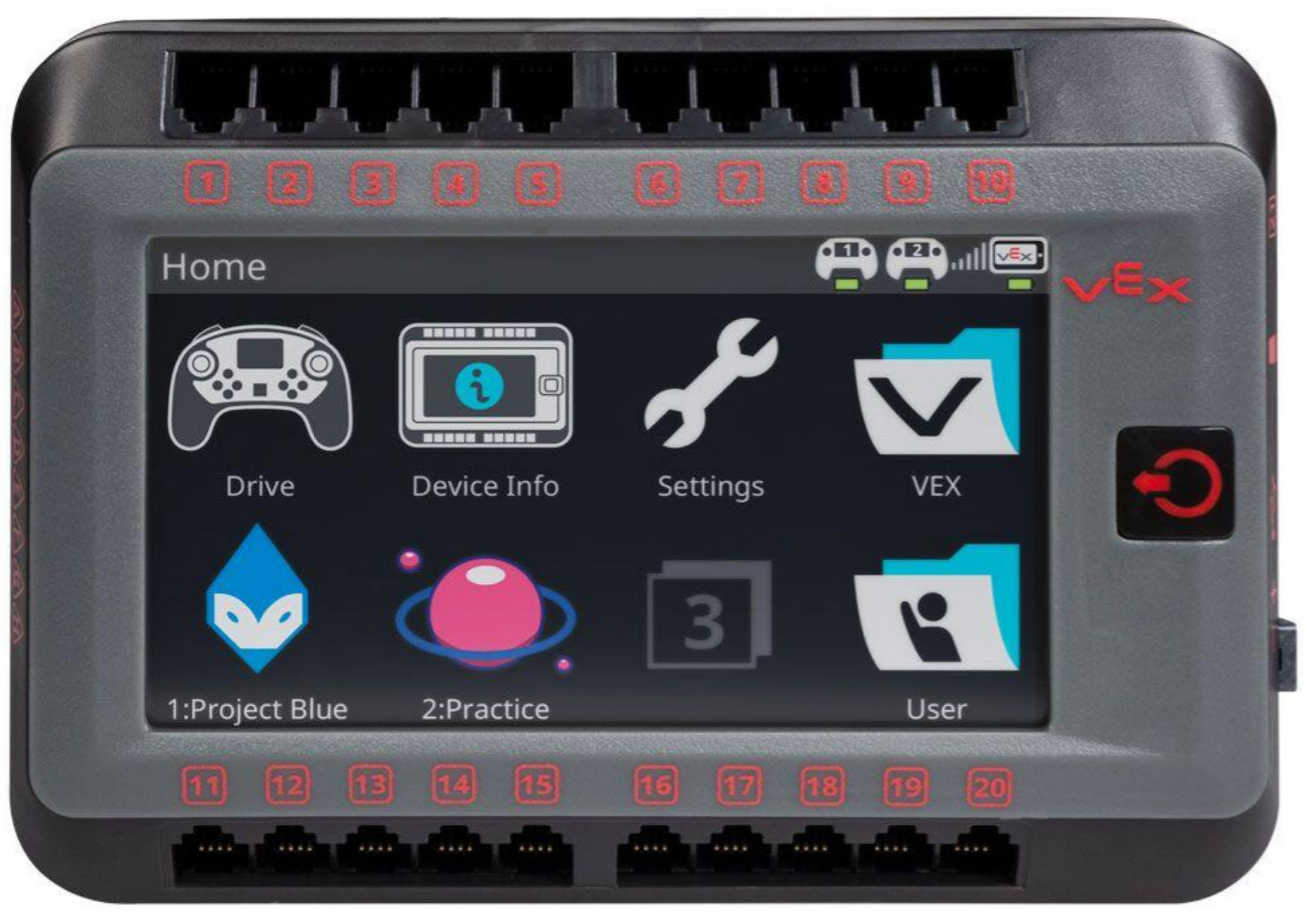 Acceso il V5 Robot Brain con lo schermo che mostra il menu Home.