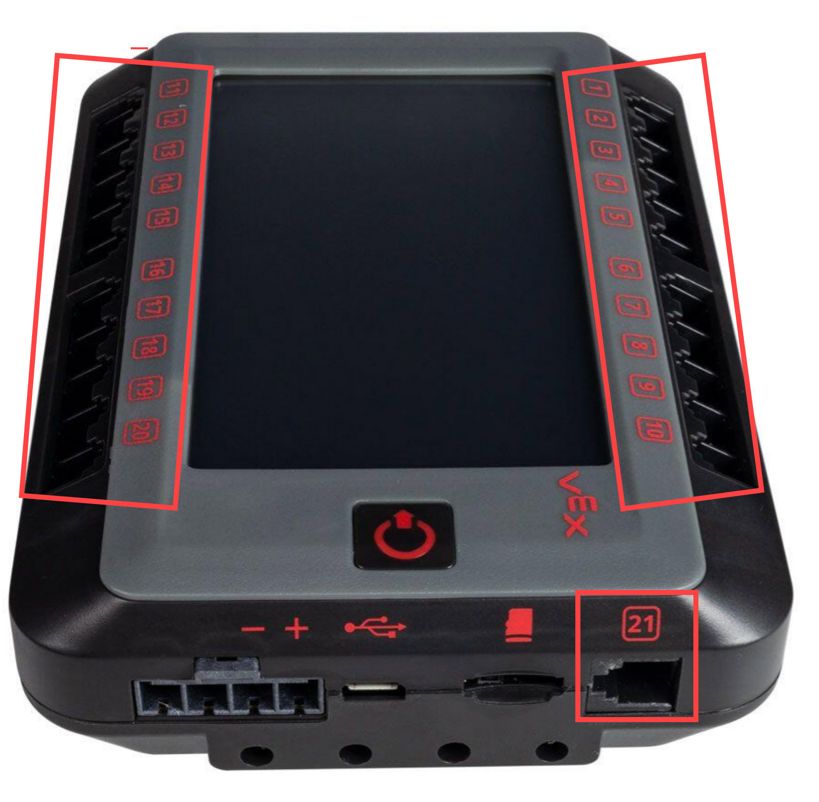 V5 Robot Brain con le sue 21 porte intelligenti evidenziate. Ci sono 20 Smart Port disposte su due file nella parte anteriore del V5 Brain e 1 Smart Port sul lato del V5 Brain.