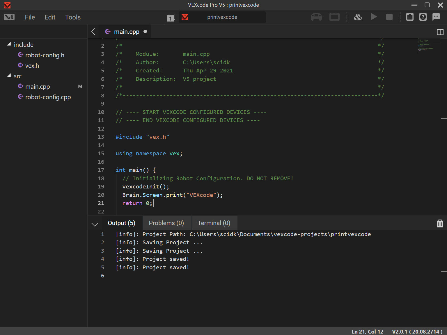 VS Code с добавленным расширением VEX и открытым проектом V5 C++.