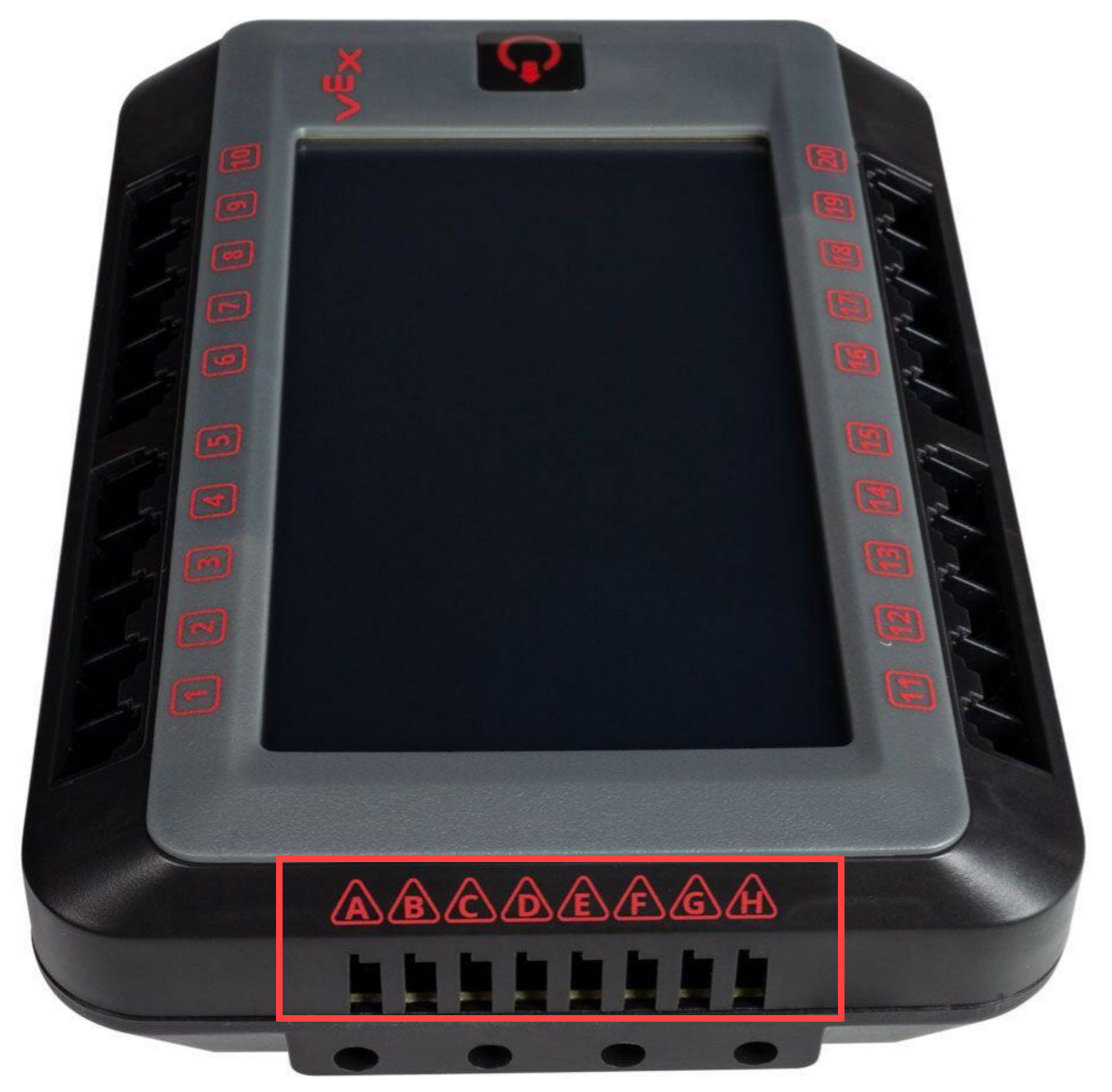 Cerveau robotique V5 avec ses 8 ports à 3 fils mis en évidence. Ces ports sont situés sur la face avant du V5 Brain et sont étiquetés alphabétiquement de A à H.