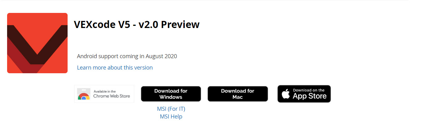 VEXcode V5 Downloadopties inclusief Windows, Mac en Apple AppStore-platforms.