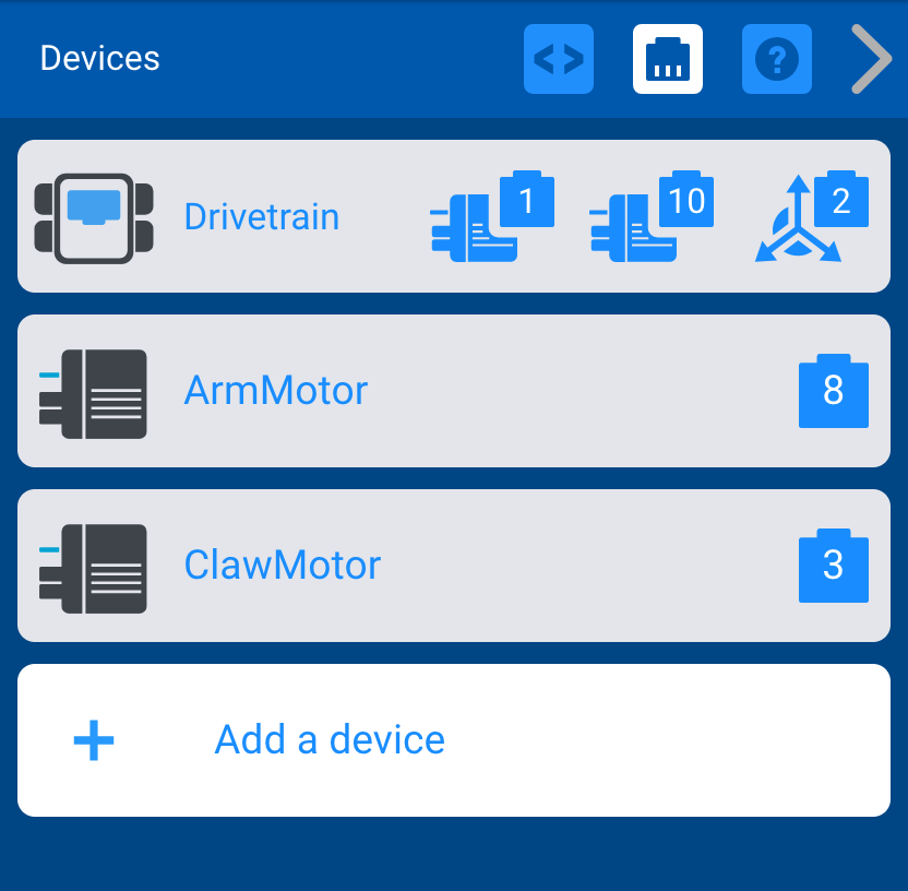 VEXcode V5 Apparatenmenu met de apparaten die zijn toegevoegd door de V5 Clawbot-sjabloon. Er bevindt zich een aandrijflijnapparaat op poorten 1 en 10, een ArmMotor-apparaat op poort 8 en een ClawMotor-apparaat op poort 3.