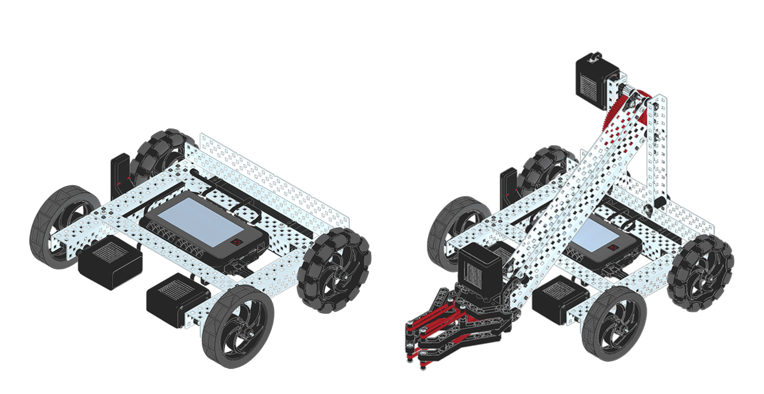 Der V5 Speedbot-Aufbau wird neben dem V5 Clawbot-Aufbau gezeigt.