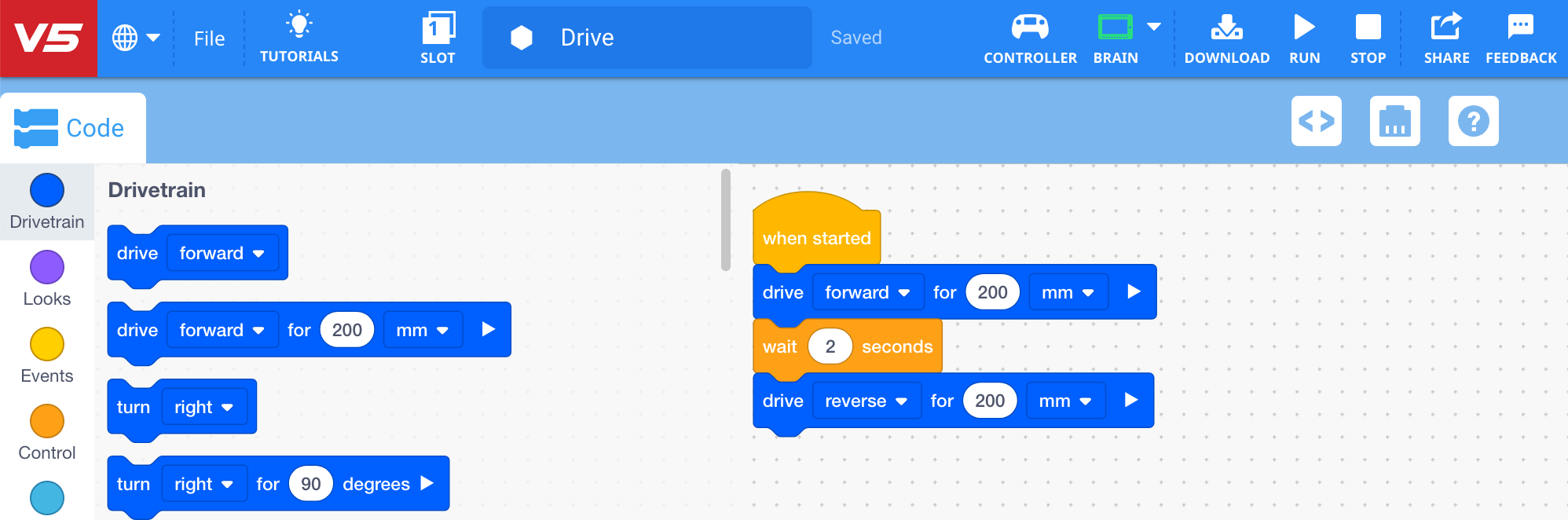 以前に保存したブロック プロジェクトを含む VEXcode V5 がワークスペースで正常に開かれました。