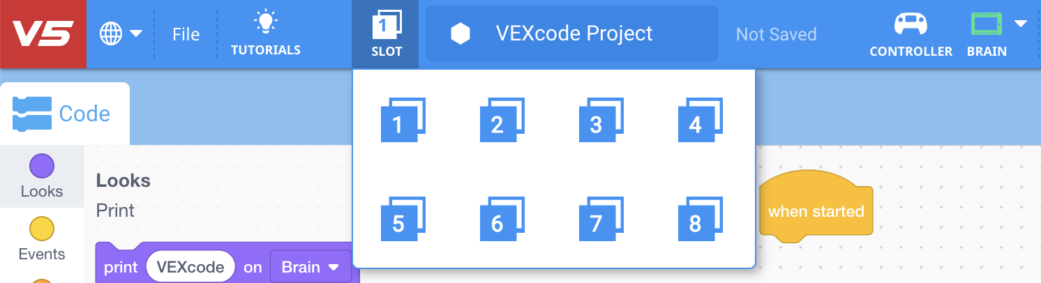 VEXcode V5 với menu thả xuống Slot được mở và hiển thị 8 khe cắm khả dụng.