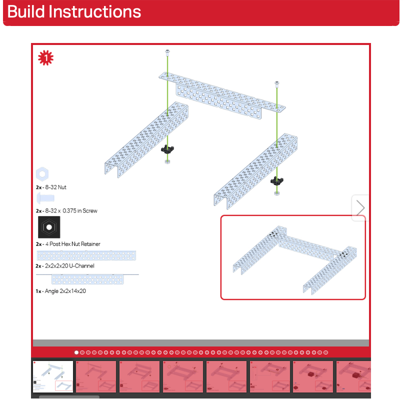 L'étape d'instruction de construction est présentée à titre d'exemple. Dans cette étape, deux éléments de structure en U sont fixés à un élément de structure en angle à l'aide de vis, d'écrous et de fixations à écrou hexagonal. En bas de l'écran, un diaporama présente les étapes. Au-dessus du diaporama se trouve une barre de menu avec des icônes pour chaque étape permettant de visualiser la progression. Une flèche « Avancer » se trouve à droite pour passer à l’étape suivante.