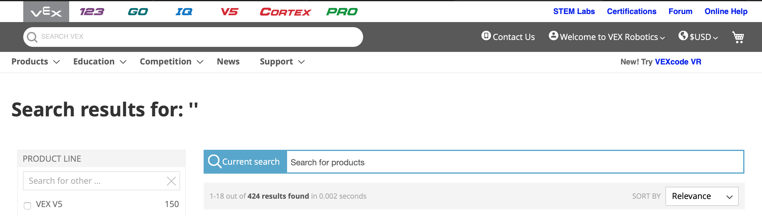 製品や部品の検索に使用できることを示す検索バーが表示された VEX Robotics の Web サイト。
