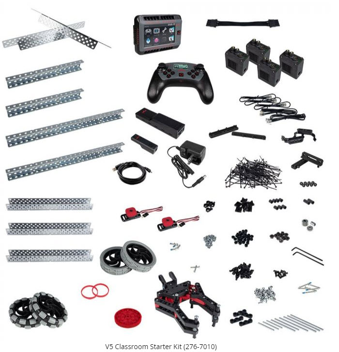 V5 Classroom Starter Kit құрамына кіретін барлық бөліктердің диаграммасы. Диаграммадағы бөліктер басқа ұқсас бөліктердің жанында топтарда ұйымдастырылған.