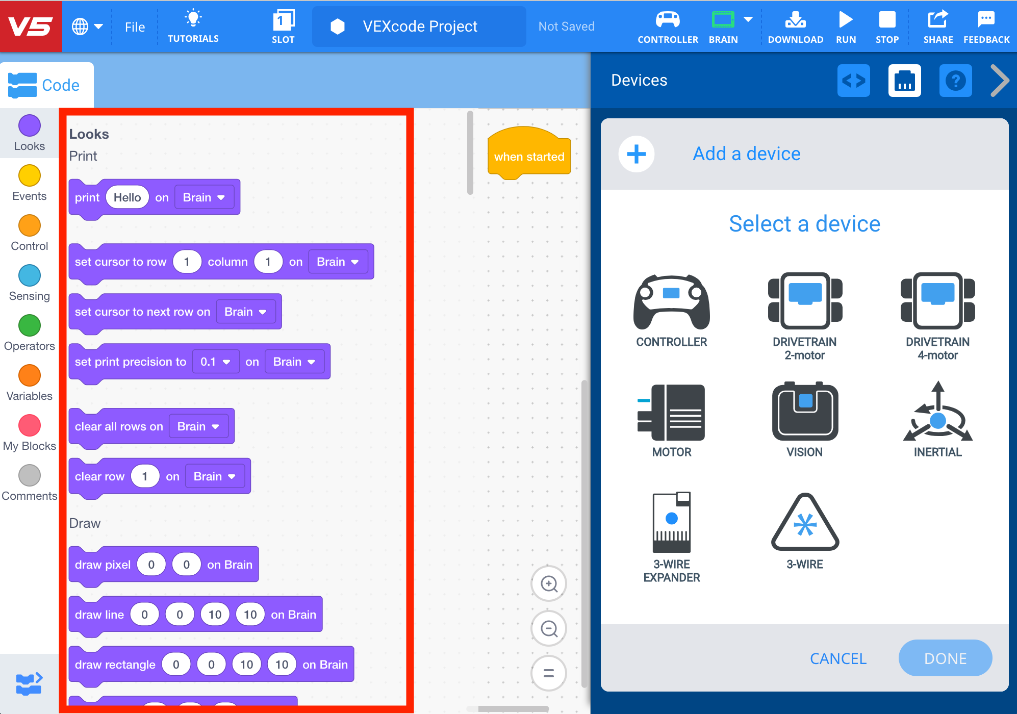 Antarmuka Blok VEXcode V5 dengan menu Perangkat terbuka dan menampilkan opsi untuk Menambahkan Perangkat. Di sebelah kiri, Kotak Alat menampilkan kategori Tampilan blok dan disorot.