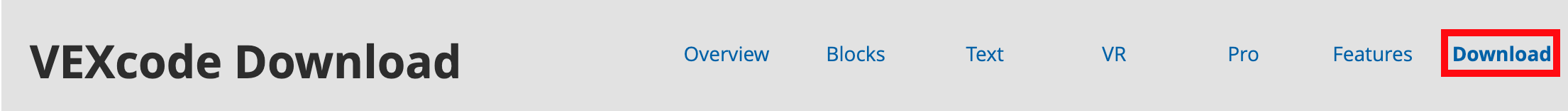 Die Optionen im Header der VEXcode-Website werden angezeigt, die Download-Option ist hervorgehoben.