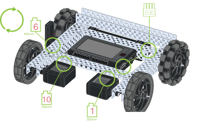 빌드 지침 단계는 예로 표시됩니다. 이 단계에서는 케이블을 통해 Brain을 두 개의 Smart Motors와 V5 Robot Radio에 연결하고, 특정 Smart Ports를 확인합니다. 숫자는 각 모터의 특정 포트를 나타냅니다. 포트 10에 하나, 포트 1에 하나가 있습니다. V5 로봇 라디오는 포트 6에 연결되는 것으로 알려져 있습니다.