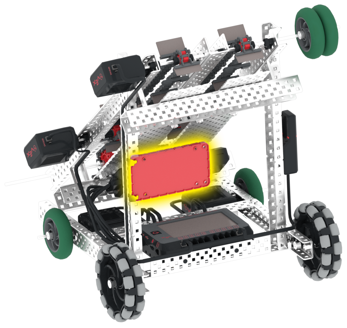 A VEX Robotics Disco rendszámtábla képe érzékelők nélkül, amely a V5 kategóriába tartozó versenyrobotok tervezését és specifikációit szemlélteti.
