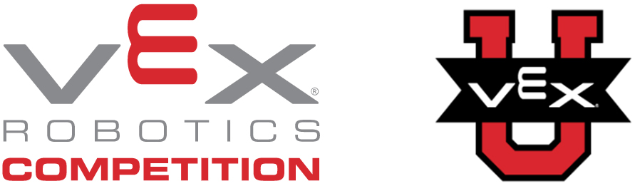 Hai logo VEX đặt cạnh nhau, một dành cho Cuộc thi Robot VEX cấp trung học cơ sở/trung học phổ thông và một dành cho Cuộc thi VEX U cấp đại học.
