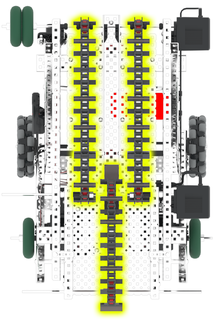 Diagrama del sistema de admisión del robot de competición V5, que muestra varias indicaciones y componentes para un rendimiento óptimo en competiciones de robótica.