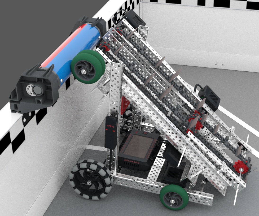 „Disco Rolling Roller“ be jutiklių schema, iliustruojanti jo dizainą ir savybes, skirtus naudoti V5 kategorijos varžybiniuose robotuose.