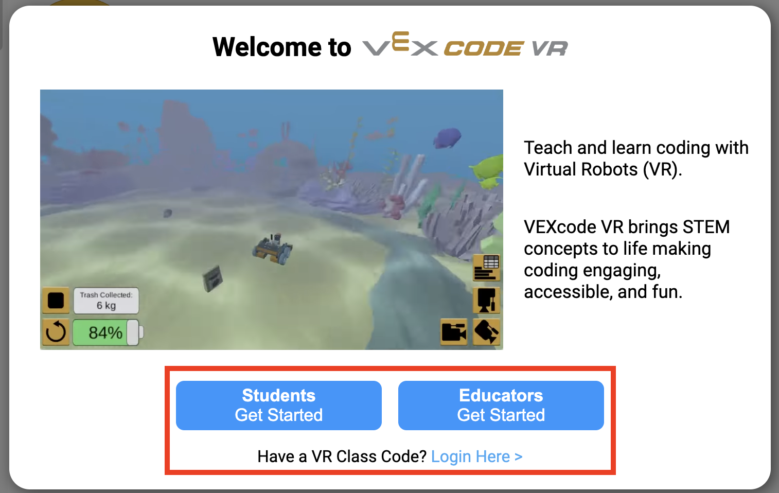 Képernyőkép a VEXcode VR interfészről, amely blokk alapú kódolási lehetőségeket mutat be, kódolási koncepciók virtuális robotikán keresztüli elsajátítására tervezve, kezdő és haladó felhasználók számára szimulált környezetben.