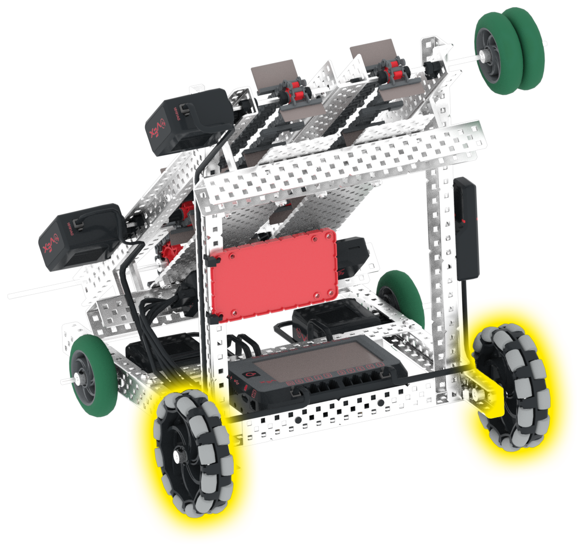 Disco Omni Wheel diagrama su pažymėtomis išnašomis, iliustruojančiomis pagrindinius V5 kategorijos varžybų robotų komponentus ir funkcijas.