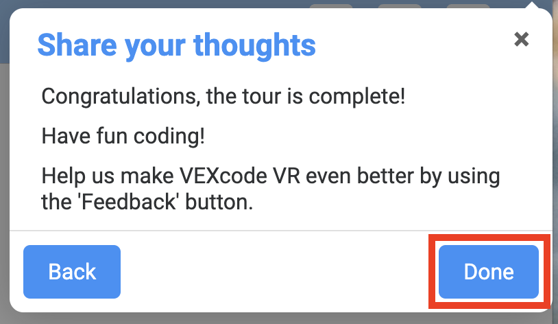 VEXcode VR इंटरफ़ेस का स्क्रीनशॉट, ब्लॉक-आधारित कोडिंग वातावरण को प्रदर्शित करता है, जिसे वर्चुअल रोबोटिक्स के माध्यम से कोडिंग अवधारणाओं को सिखाने के लिए डिज़ाइन किया गया है, जिसमें शुरुआती और उन्नत दोनों उपयोगकर्ताओं के लिए विकल्प हैं।