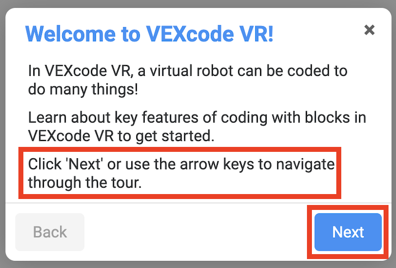 Скриншот интерфейса VEXcode VR, отображающий среду блочного программирования, разработанную для обучения концепциям программирования с помощью виртуальной робототехники, с выделением функций для начинающих и продвинутых пользователей в контексте STEM-образования.