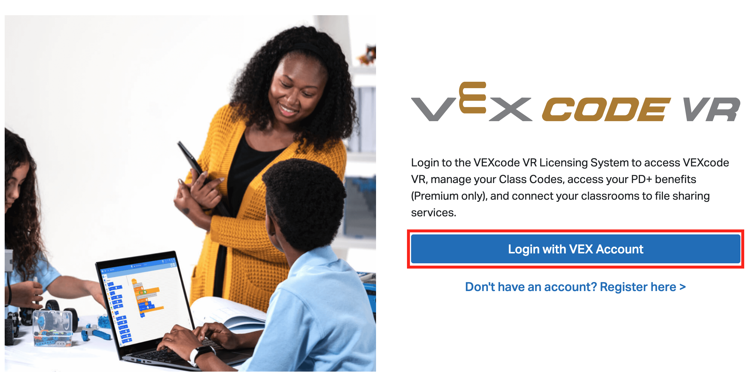 Screenshot der Schnittstelle des VEXcode VR-Lizenzsystems, der Optionen zum Verwalten von Lizenzen und Benutzerzugriffen in der Online-Programmierumgebung anzeigt, die zum Erlernen von Codierungskonzepten mit virtuellen Robotern entwickelt wurde.
