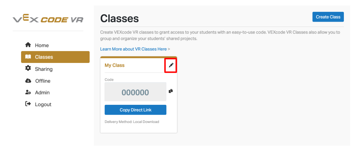 Captura de pantalla que muestra un icono de lápiz, que indica la opción de cambiar el nombre de un proyecto en la plataforma VEXcode VR, que forma parte de la sección VR Licensing System.