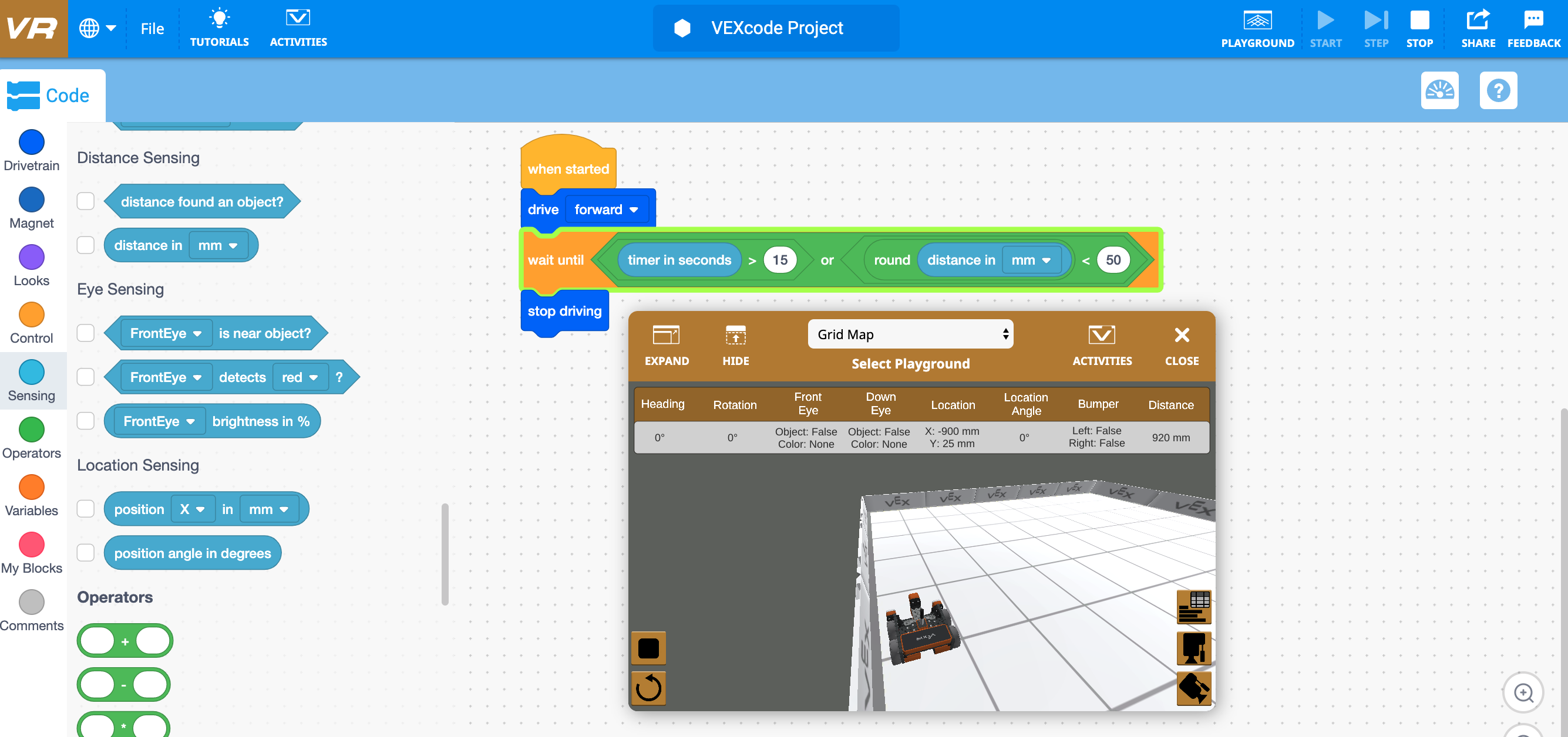 VEXcode VR অপারেটর ব্লক ইন্টারফেসের স্ক্রিনশট, একটি ভার্চুয়াল রোবট কোডিং করার জন্য ব্যবহৃত বিভিন্ন প্রোগ্রামিং ব্লক প্রদর্শন করে, STEM শেখার জন্য শিক্ষাগত উদ্দেশ্যে ডিজাইন করা ব্লক-ভিত্তিক কোডিং পরিবেশকে হাইলাইট করে।