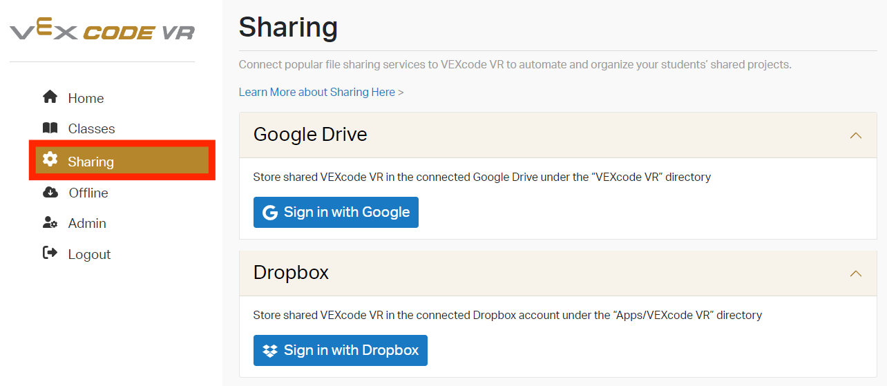 VEXcode VR শেয়ারিং ট্যাবের স্ক্রিনশট, কোডিং শিক্ষা এবং ভার্চুয়াল রোবোটিক্সের জন্য ডিজাইন করা অনলাইন প্রোগ্রামিং পরিবেশের মধ্যে লাইসেন্স পরিচালনা এবং প্রকল্পগুলি ভাগ করার বিকল্পগুলি প্রদর্শন করে৷
