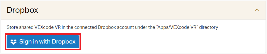 Captura de tela da interface do VEXcode VR mostrando as opções de compartilhamento com o Dropbox, destacando a integração do armazenamento em nuvem para salvar e acessar projetos de codificação no ambiente de programação virtual.