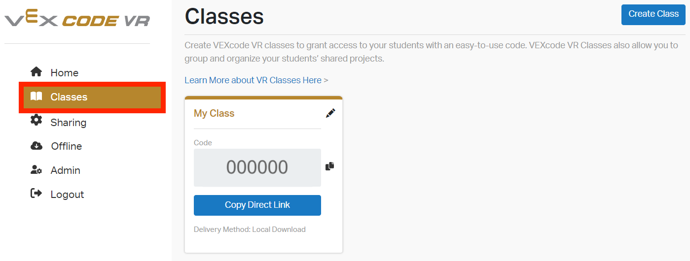 Captura de pantalla de la pestaña de clases de VR de VEXcode, que muestra las opciones y características relacionadas con el sistema de licencias de VR para la educación en codificación y robótica.
