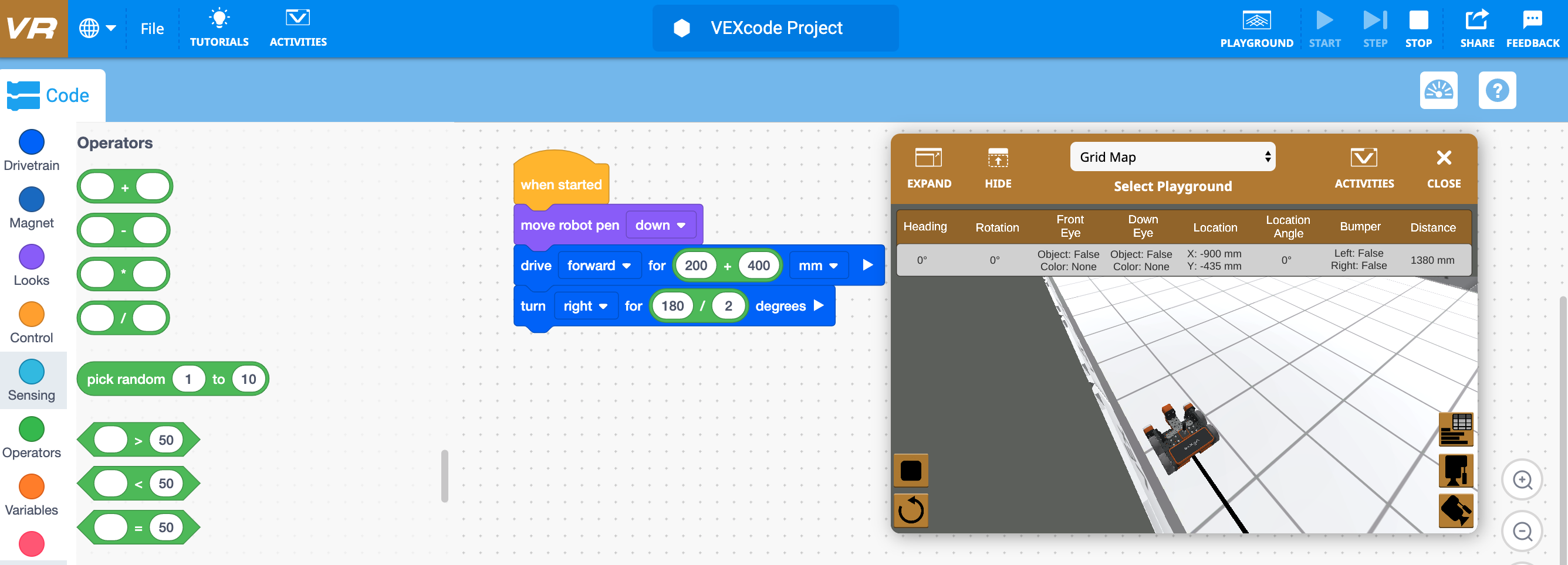Capture d'écran de l'interface VEXcode VR présentant un environnement de codage basé sur des blocs pour la programmation d'un robot virtuel, conçu pour faciliter l'enseignement du codage dans les salles de classe et soutenir l'apprentissage STEM.