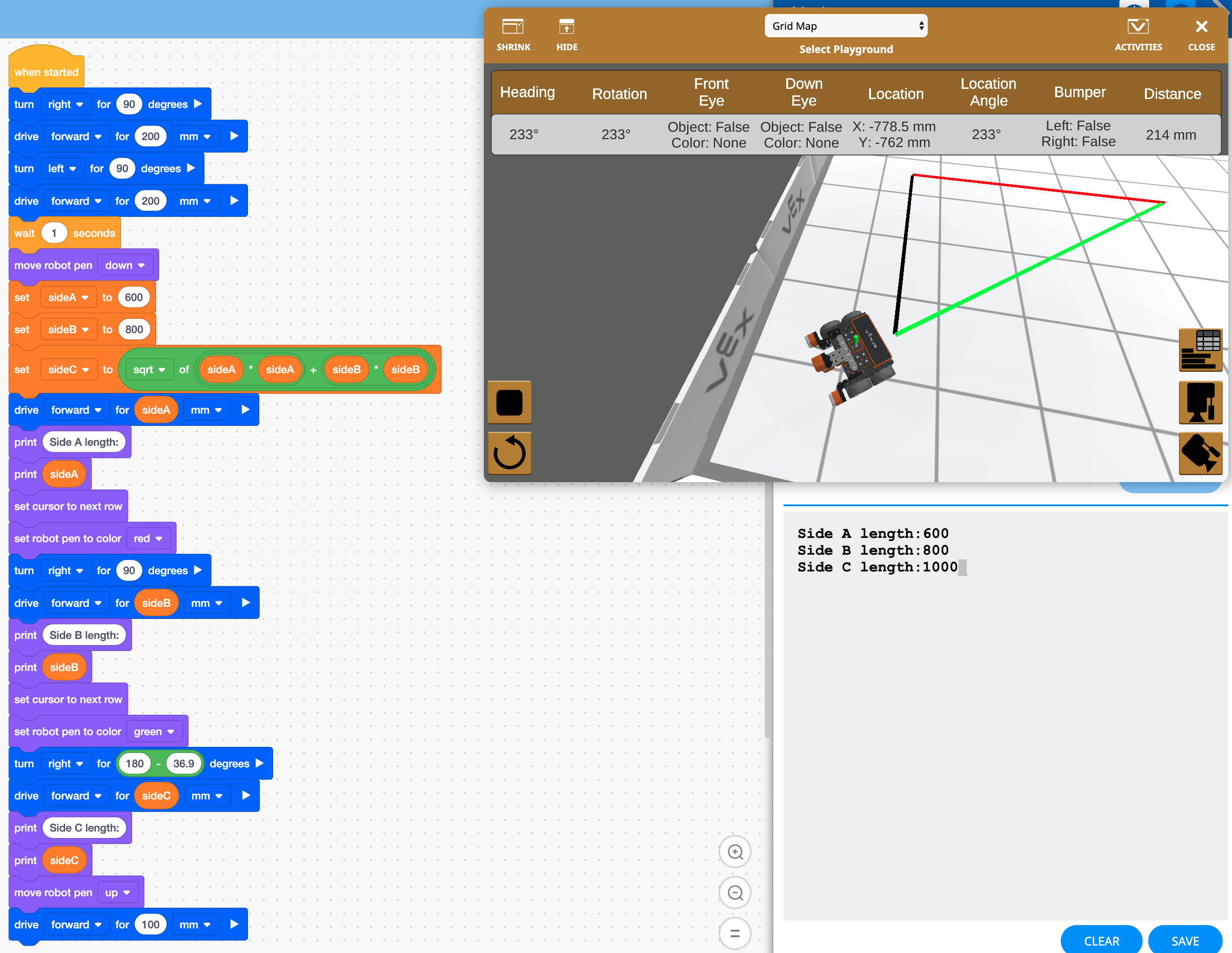 Ilustración del teorema de Pitágoras que demuestra la relación entre los lados de un triángulo rectángulo, utilizado en VEXcode VR para enseñar conceptos de codificación y resolución de problemas en un aula.