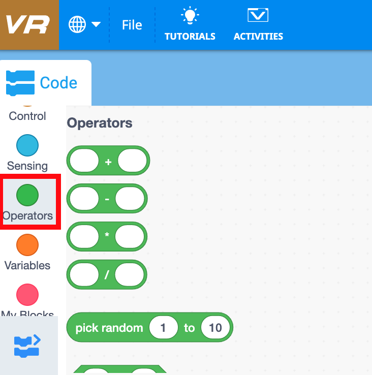 Tangkapan layar antarmuka blok operator VEXcode VR, memamerkan berbagai blok pemrograman yang digunakan untuk mengode robot virtual, menyoroti lingkungan pengodean berbasis blok yang dirancang untuk tujuan pendidikan dalam pembelajaran STEM.