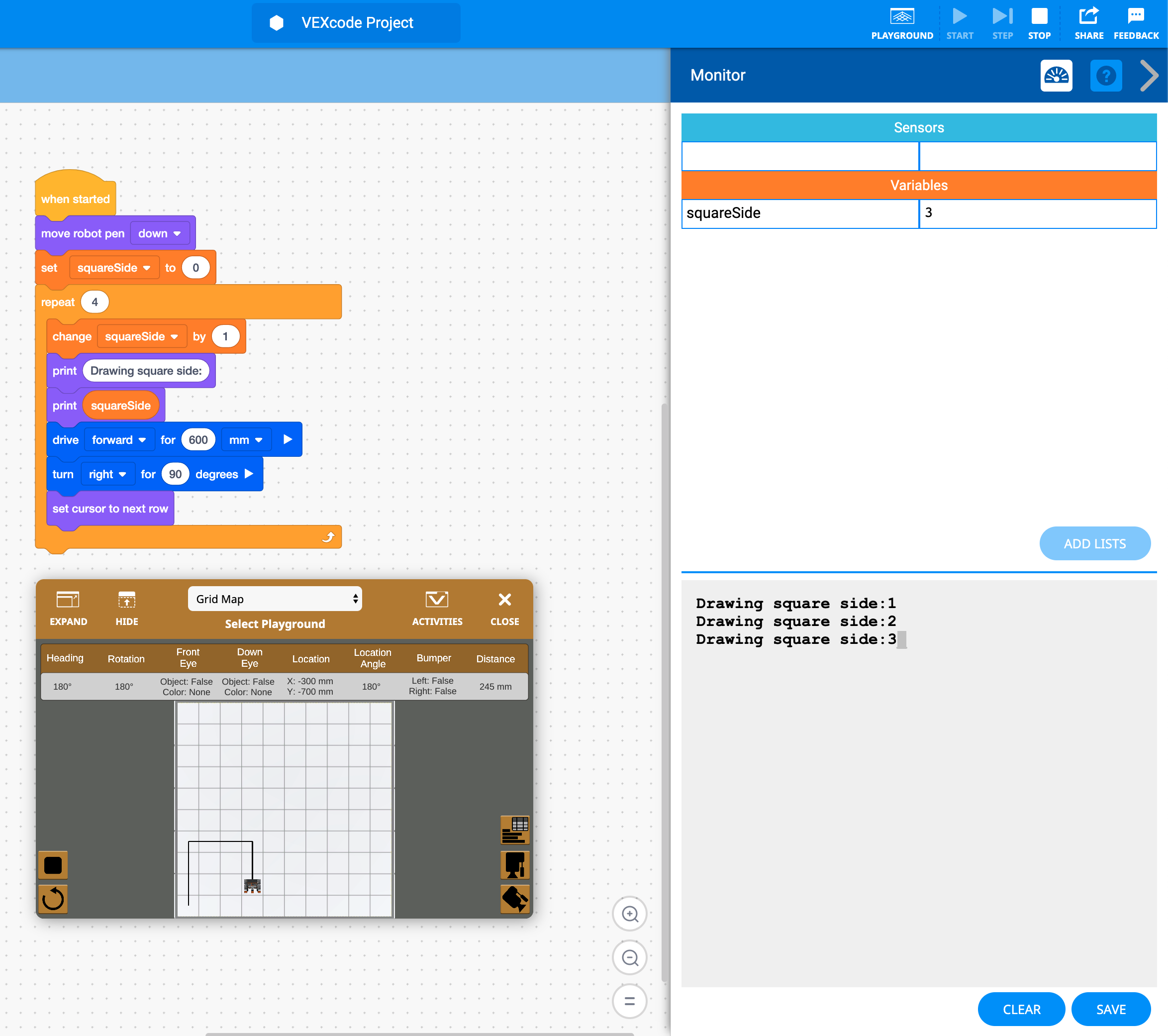 Ilustración de una herramienta de dibujo cuadrado en VEXcode VR, que muestra la interfaz de codificación basada en bloques diseñada para enseñar conceptos de programación a través de un robot virtual, adecuado para uso en el aula y educación STEM.