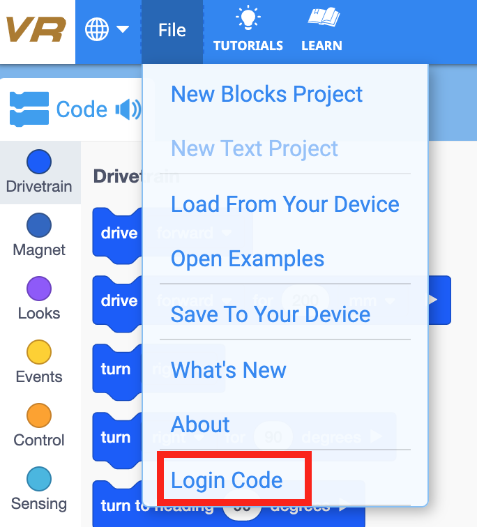Captura de tela da interface do sistema de licenciamento VEXcode VR, exibindo opções e informações relacionadas às licenças de usuário para o ambiente de programação virtual projetado para educação em codificação.