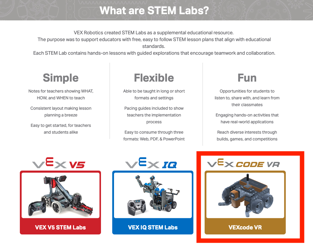 VEXcode VR ইন্টারফেসের স্ক্রিনশট ব্লক-ভিত্তিক কোডিং পরিবেশ প্রদর্শন করে, ভার্চুয়াল রোবোটিক্সের মাধ্যমে কোডিং ধারণা শেখানোর জন্য ডিজাইন করা হয়েছে, ক্লাসরুম ব্যবহার এবং STEM শিক্ষার জন্য উপযুক্ত।
