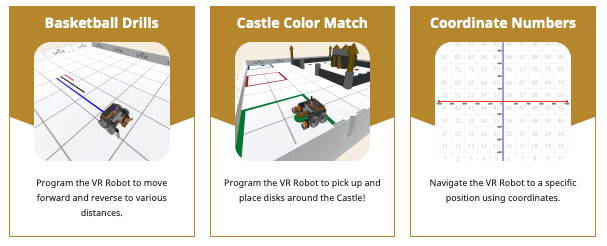 Captura de pantalla de la interfaz VEXcode VR que muestra un entorno de codificación basado en bloques para programar un robot virtual, diseñado para ayudar a los estudiantes y educadores a aprender conceptos de codificación y principios de robótica en el aula.