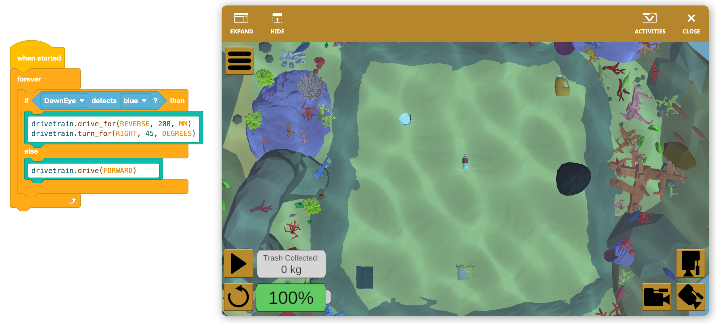 Captura de ecrã da interface de realidade virtual do VEXcode, mostrando o ambiente de programação baseado em blocos, concebido para o ensino de conceitos de programação através da robótica virtual, adequado para a aprendizagem em sala de aula e individual na educação STEM (Ciência, Tecnologia, Engenharia e Matemática).