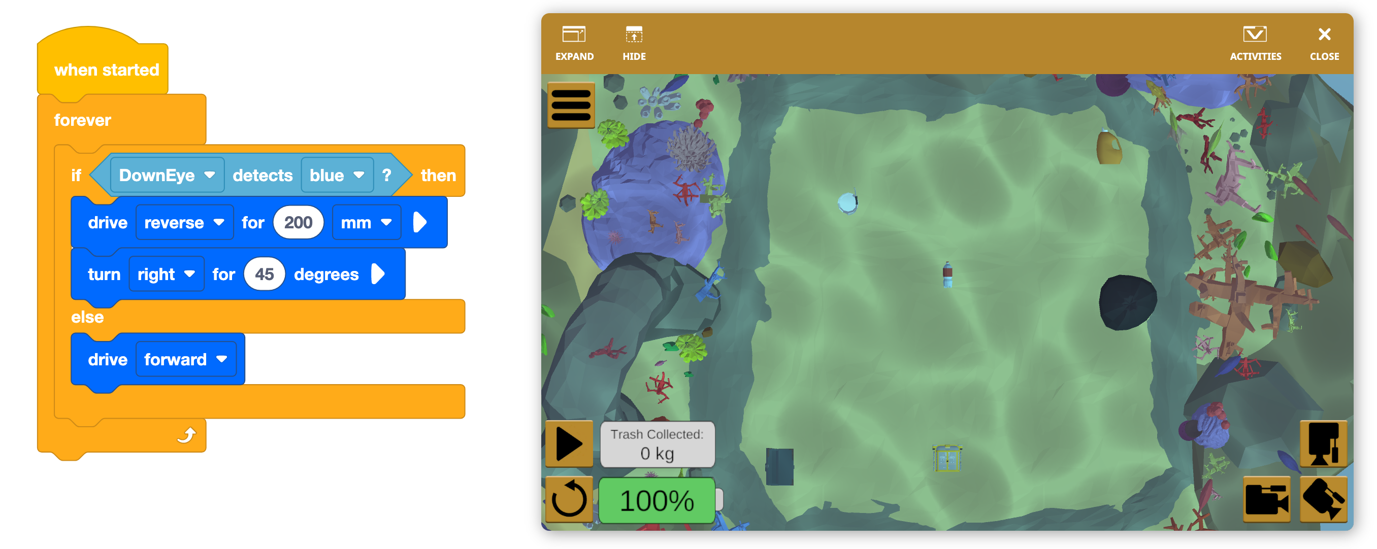 Captura de ecrã da interface de realidade virtual do VEXcode, mostrando as opções de programação em blocos para um robô virtual, concebido para uso educacional em salas de aula para ensinar conceitos de programação e princípios de robótica.