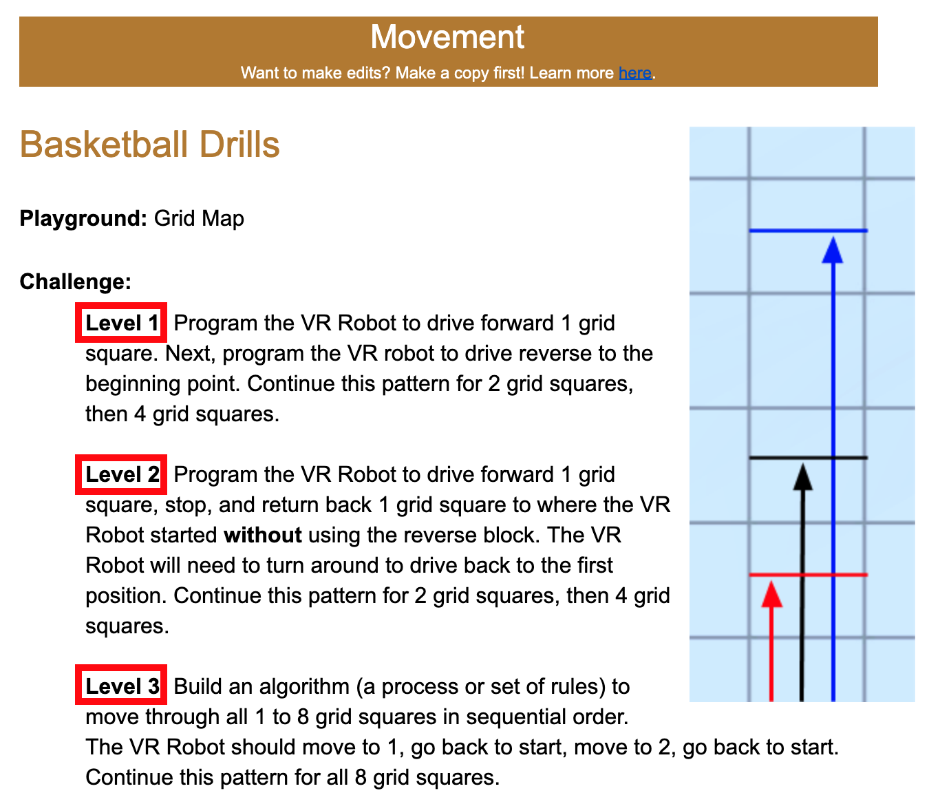 VEXcode VR स्तर की छवि, VEXcode VR प्लेटफॉर्म में विभिन्न प्रोग्रामिंग स्तरों और चुनौतियों को दर्शाती है, जिसे शैक्षिक उद्देश्यों के लिए एक आभासी रोबोट वातावरण के माध्यम से कोडिंग कौशल को बढ़ाने के लिए डिज़ाइन किया गया है।