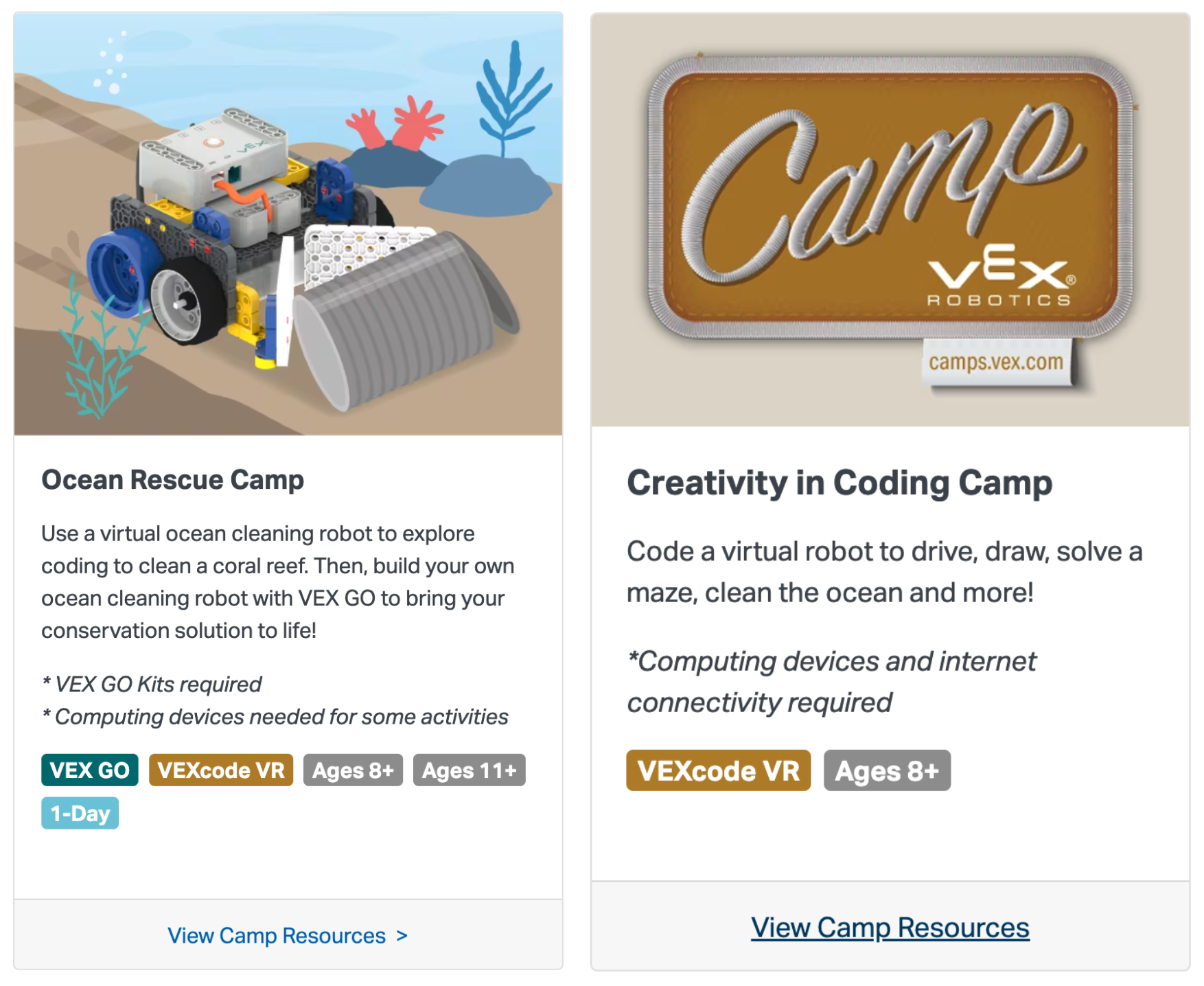 VEXcode VR programmēšanas saskarnes ekrānuzņēmums, kurā parādīti bloku kodēšanas elementi un virtuāls robots, kas paredzēts kodēšanas koncepciju mācīšanai STEM izglītībā.