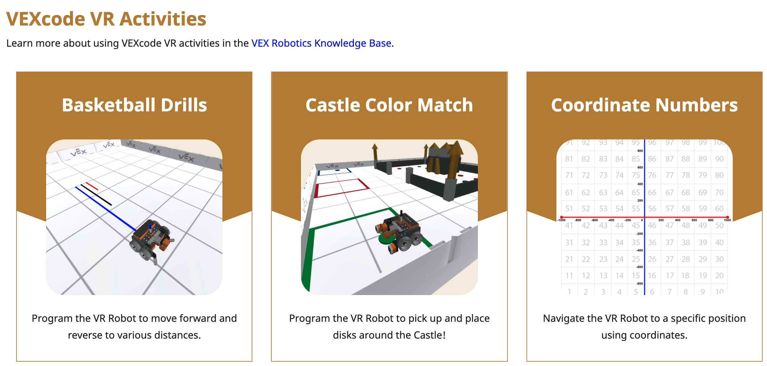 Capture d'écran de l'interface des activités VR de VEXcode, présentant divers blocs de codage et options de programmation d'un robot virtuel, conçu pour une utilisation pédagogique dans les salles de classe afin d'améliorer les compétences de codage et de résolution de problèmes dans les domaines STEM.