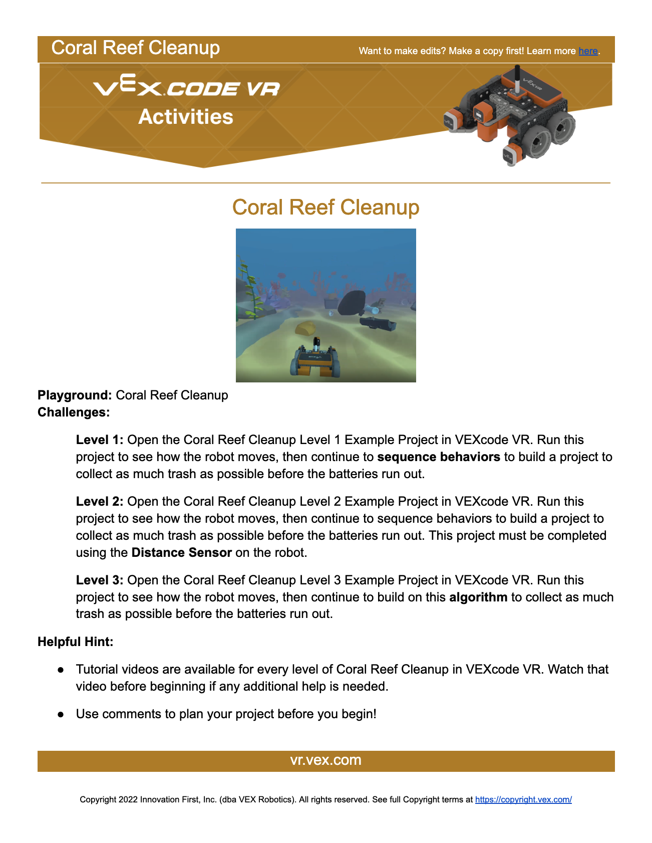 Capture d'écran de l'interface VEXcode VR présentant des options de codage basées sur des blocs pour la programmation d'un robot virtuel, conçu pour faciliter l'apprentissage dans l'éducation STEM et les concepts de codage pour les étudiants et les éducateurs.