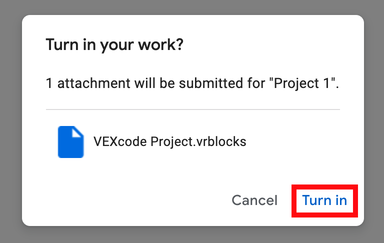 Captura de pantalla de la plataforma VEXcode VR que muestra la función 'Turn In', diseñada para que los educadores y estudiantes envíen sus tareas de programación en un entorno de codificación virtual.