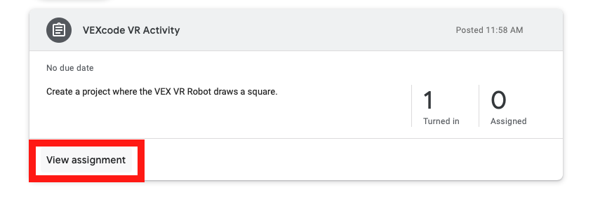 Öğrenciler ve eğitimciler için STEM eğitimini ve kodlama kavramlarını desteklemek üzere tasarlanmış, kodlama blokları ve sanal bir robot programlama seçenekleri içeren bir ödev görünümünü gösteren VEXcode VR arayüzünün ekran görüntüsü.
