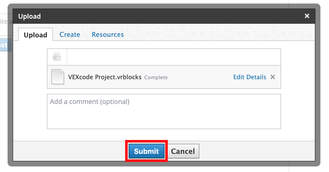 Botón denominado 'Enviar' en la interfaz VEXcode VR, utilizado para enviar código o comandos en el entorno de programación en línea diseñado para aprender conceptos de codificación con un robot virtual.
