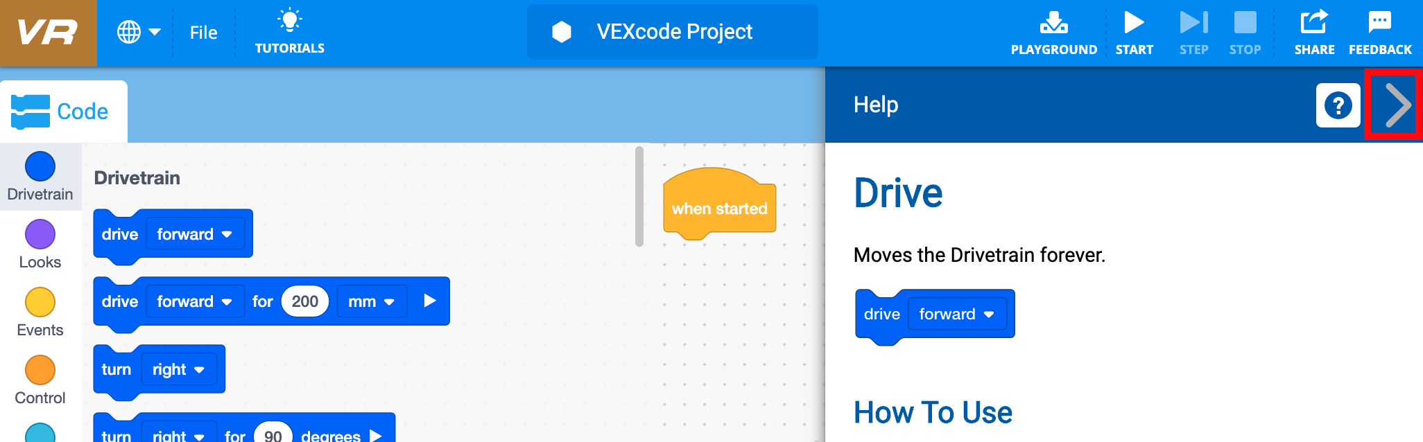 Przycisk Zamknij sekcję pomocy dotyczącej projektu w VEXcode VR, internetowym środowisku programistycznym do nauki koncepcji kodowania poprzez wirtualną robotykę.