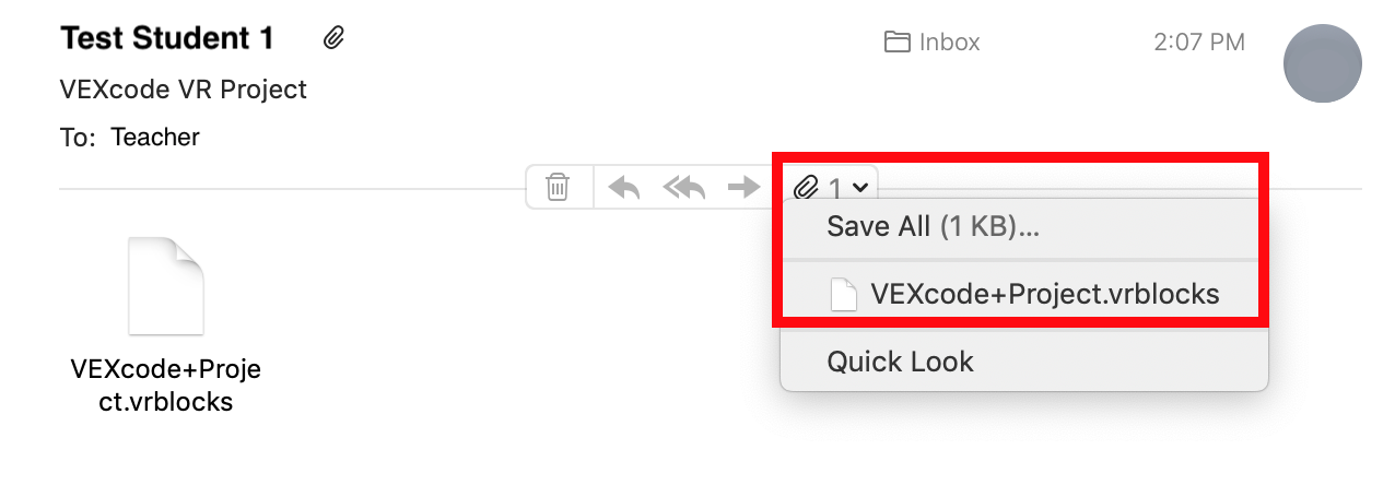 Screenshot der VEXcode VR-Schnittstelle, der die E-Mail-Funktion für Studenten zeigt, die dazu dient, den Programmierunterricht durch eine virtuelle Roboterprogrammierumgebung zu verbessern.