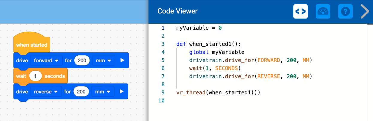 VEXcode VR কোড ভিউয়ার উইন্ডো খোলার স্ক্রিনশট, একটি ভার্চুয়াল রোবট প্রোগ্রামিং করার জন্য একটি ব্লক-ভিত্তিক কোডিং ইন্টারফেস প্রদর্শন করে, STEM-এ শিক্ষামূলক টিউটোরিয়ালের জন্য ব্যবহৃত কোডিং পরিবেশকে চিত্রিত করে।