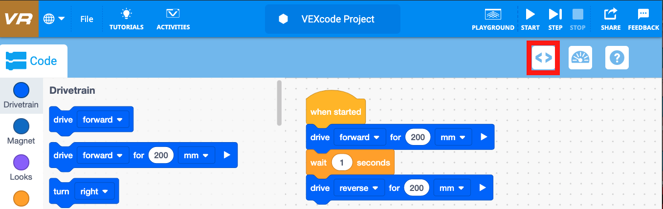 VEXcode VR कोड व्यूअर इंटरफ़ेस का स्क्रीनशॉट, जो एक आभासी रोबोट की प्रोग्रामिंग के लिए ब्लॉक-आधारित कोडिंग वातावरण प्रदर्शित करता है, जिसे उपयोगकर्ताओं को कोडिंग अवधारणाओं को सीखने और एक सिम्युलेटेड सेटिंग में डिबगिंग में सहायता करने के लिए डिज़ाइन किया गया है।