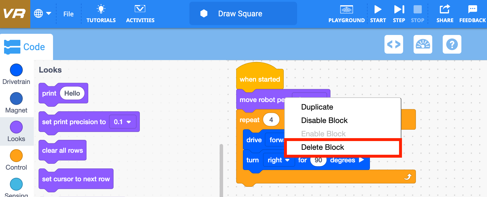 Screenshot van de VEXcode VR-interface met de optie 'Blok verwijderen' in de op blokken gebaseerde codeeromgeving. Hiermee worden de functies voor programmeeronderwijs in robotica en programmeren geïllustreerd.